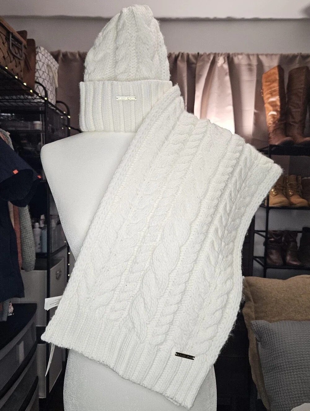 Michael Kors Cream Cable Knit Beanie and Scarf Set